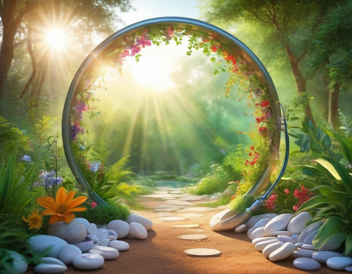 An artistic representation of a healing garden, showcasing traditional medical symbols like stethoscopes and pills intertwined with alternative healing elements such as crystals and herbal plants. A sunbeam bathes the scene in warm light, symbolizing hope and unity. The background should be a serene natural setting, illustrating harmony between nature and science. This image embodies the concept of holistic healing. vibrant colors. organic design. 3D effect.