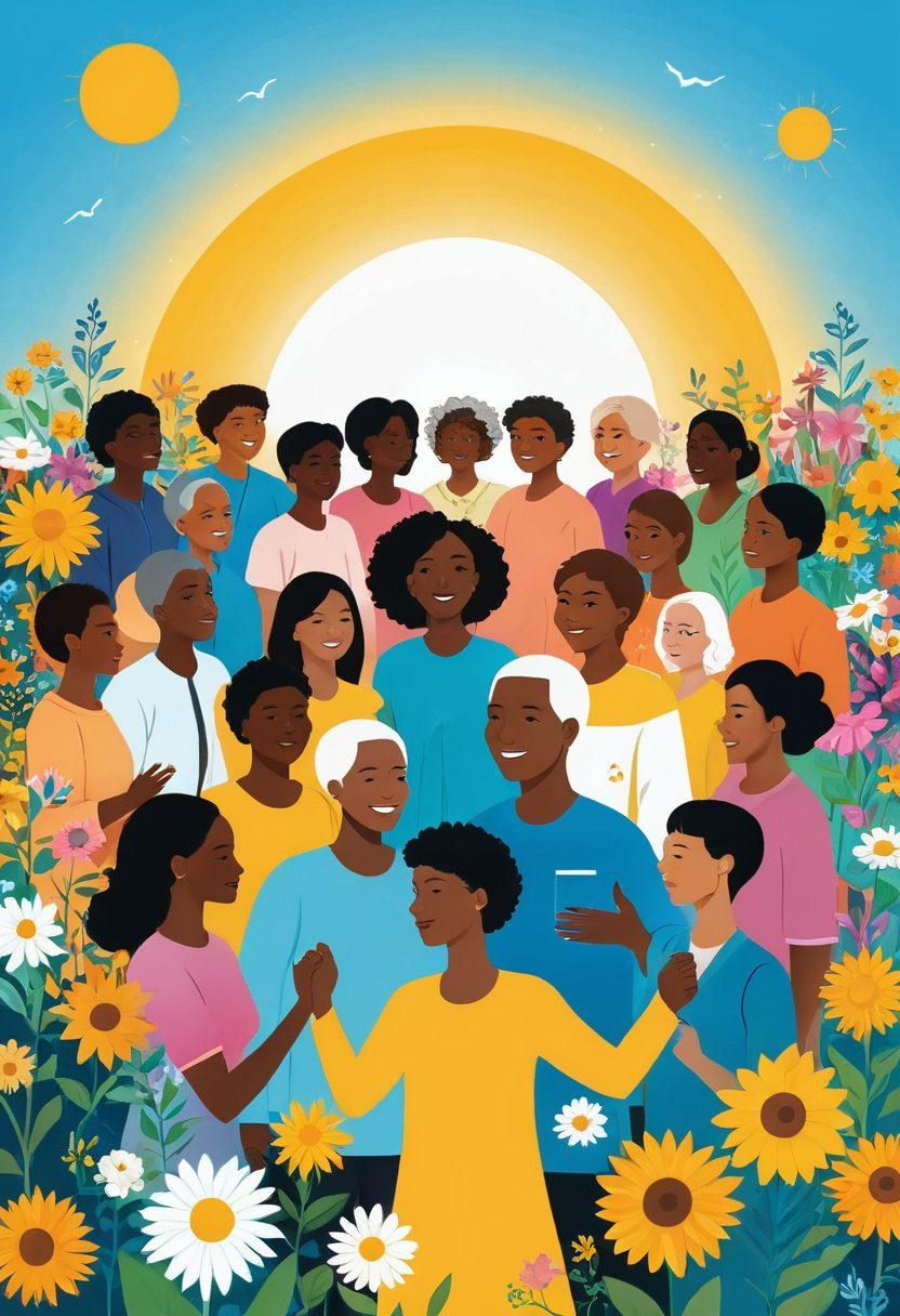 A powerful illustration of diverse individuals uniting under a vibrant sun, symbolizing hope and resilience in the face of cancer. Include elements like supportive friends, families, and healthcare professionals, surrounded by blooming flowers and uplifting quotes about strength. The background should be a calming gradient from blue to yellow, representing optimism and healing. The scene should evoke a sense of community, empowerment, and survivorship. vector art. vibrant colors.