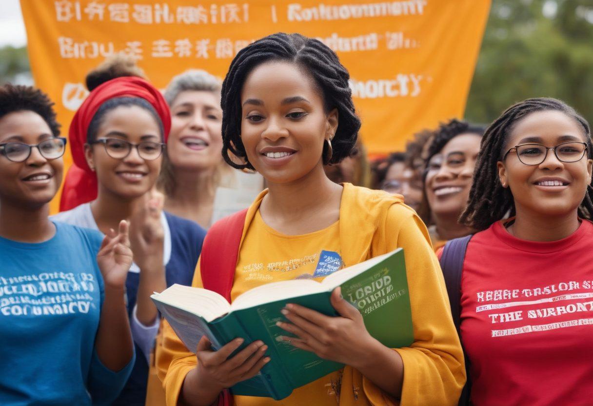 A powerful scene depicting a diverse group of individuals engaged in a passionate discussion about education and advocacy. In the foreground, a woman stands confidently holding a book, symbolizing knowledge and empowerment. The backdrop features elements of a supportive community, with vibrant banners and slogans promoting survivorship. The atmosphere is filled with hope and determination, showcasing the strength found in education. vibrant colors. super-realistic. uplifting theme.
